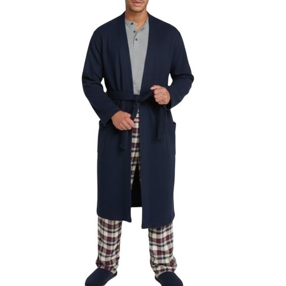 L.L. BEAN Men's Thermal Waffle Knit Robe M Navy Blue Cotton Blend Lounge Comfort - Picture 1 of 9